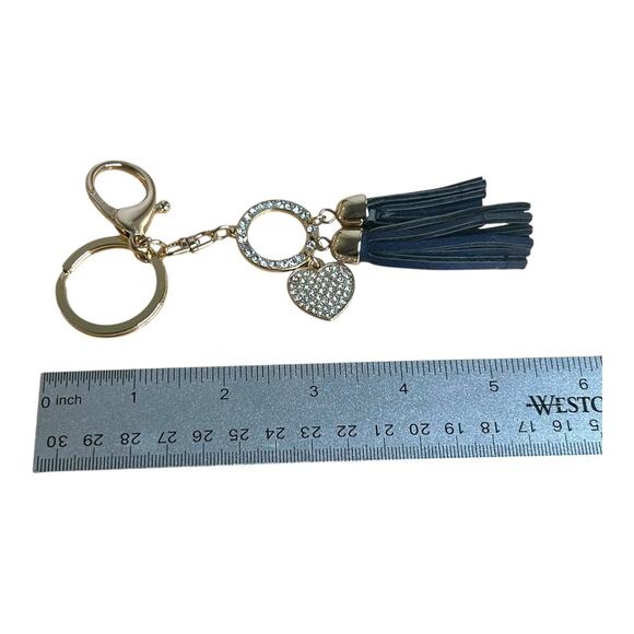 Sparkly Rhinestone Heart Navy Blue Tassels Gold Tone Keychain - Picture 2 of 4